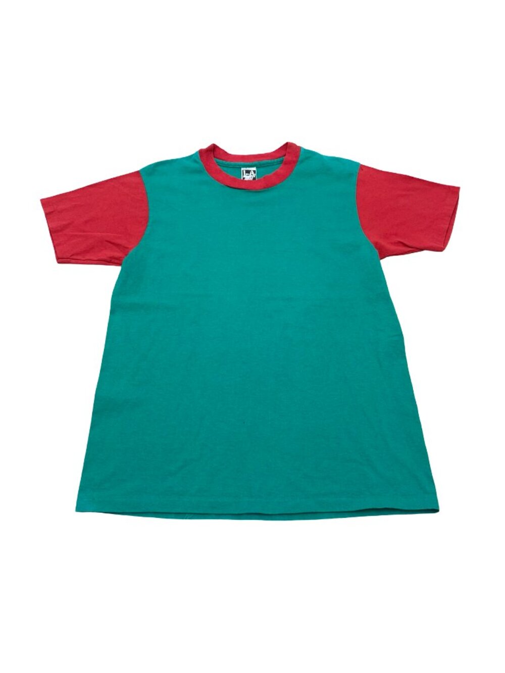 Vintage 1980s LA Sportswear Two Tone Ringer T Shirt Red Green Single Stitch